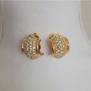 Vintage 80s Swarovski Rhinestone Clip On Earrings Swarowski Pave C Hoop Earrings
